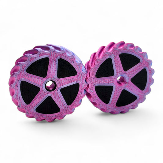 Close-up of cog/gear texture with twin spin feature