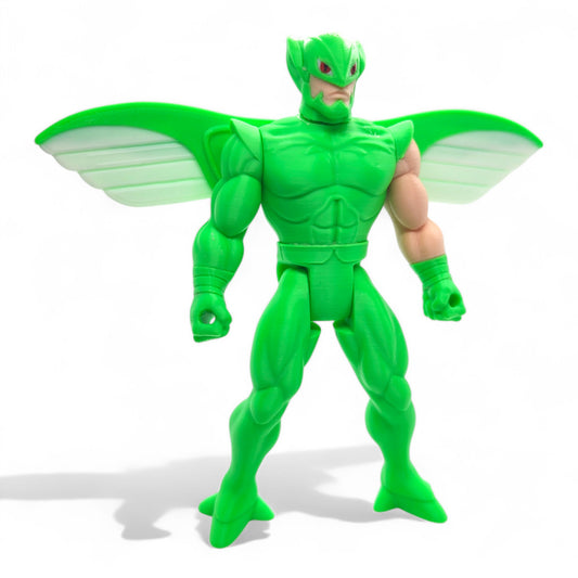 Flashback-inspired action figure – front view with metallic green suit and gold accents