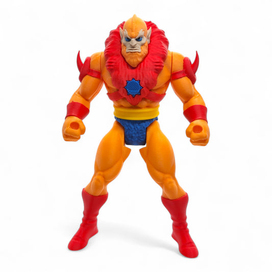 Beast Man–inspired action figure – front view showing bright orange body, red armour, and snarling face
