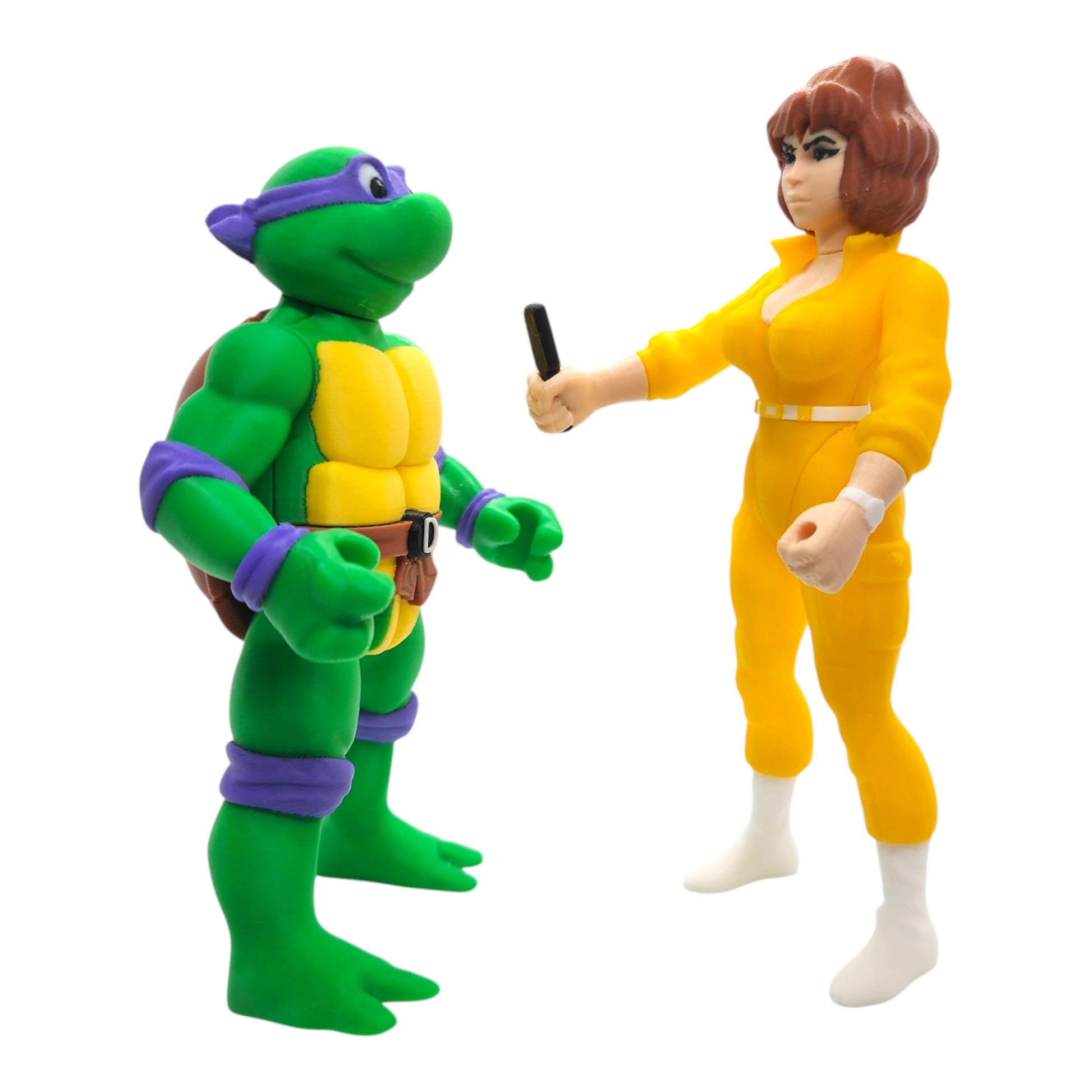 Vintage reporter figure posed with retro heroes